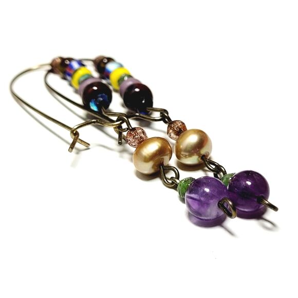 Artisan earrings  674# NEW bohemian Amethyst gemstones freshwater Pearl dangle e - Picture 1 of 6